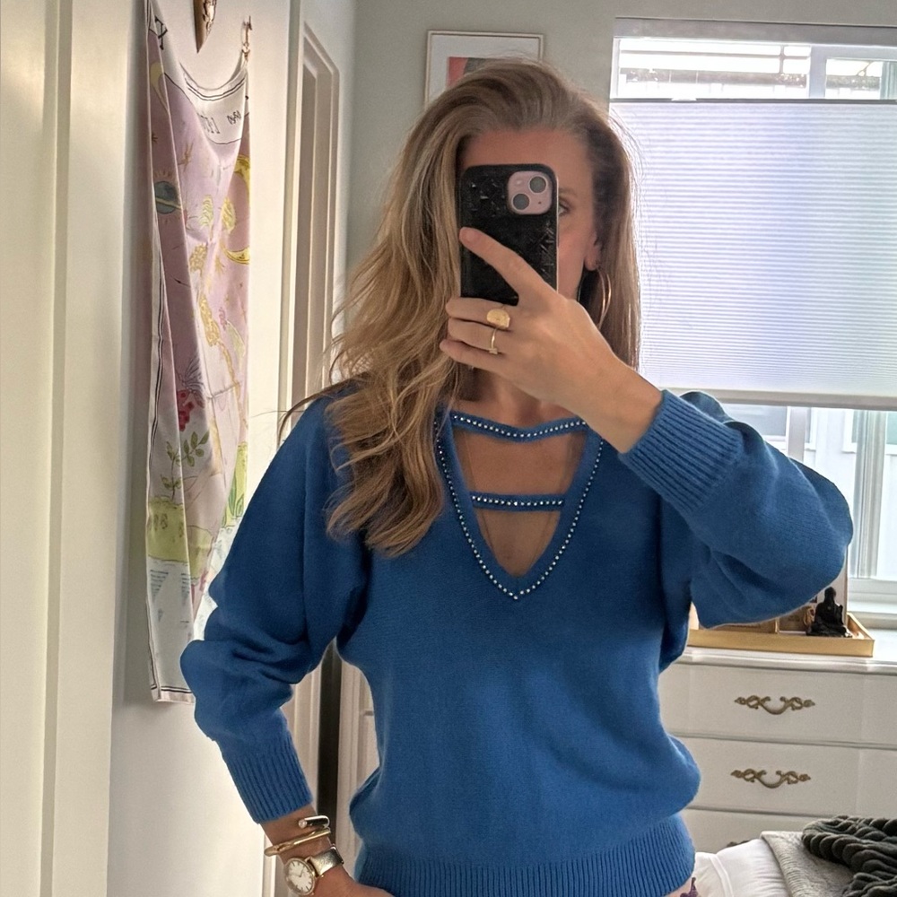 Vintage Blue Women's Sweater with Embellished Neckline